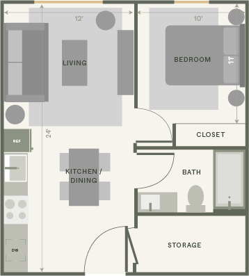 One-bedroom apartment floorplan with living room, kitchen and dining, bedroom, bathroom and storage
