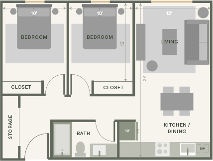 Two-bedroom apartment floorplan with two bedrooms, shared bathroom and open living and kitchen