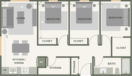 Three-bedroom apartment floorplan with three bedrooms, bathroom and a central living area