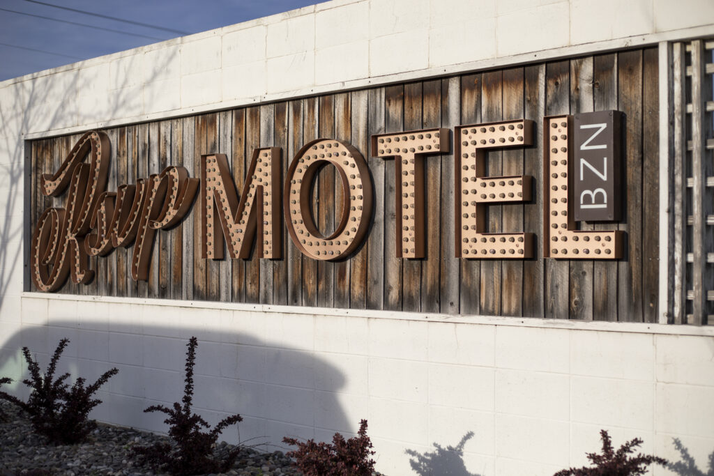 Rustic wood-and-marquee Rsvp Motel BZN sign in Bozeman, Montana