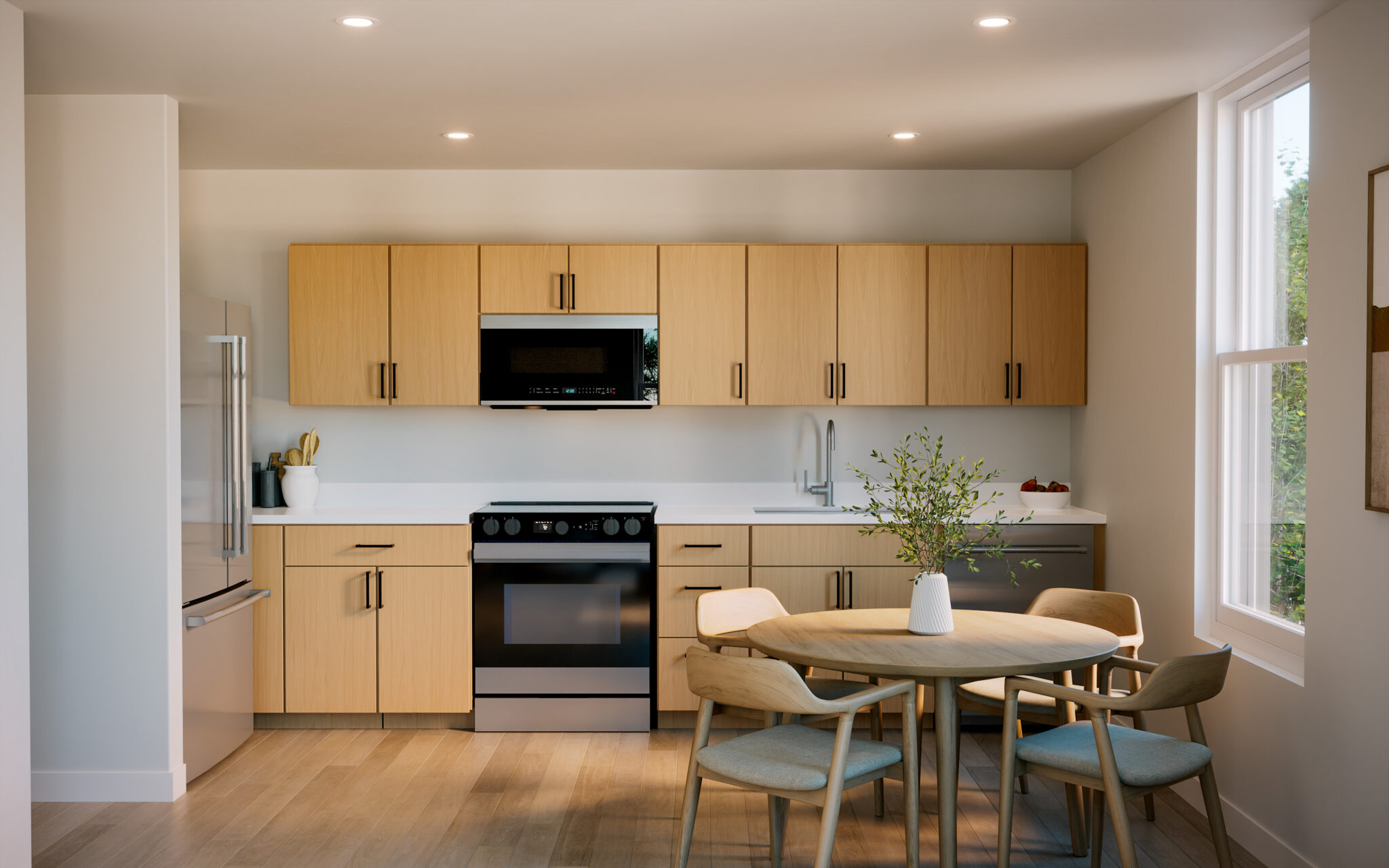 Rendering of a Lookout residence kitchen with light wood cabinets, stainless appliances, and a round dining table