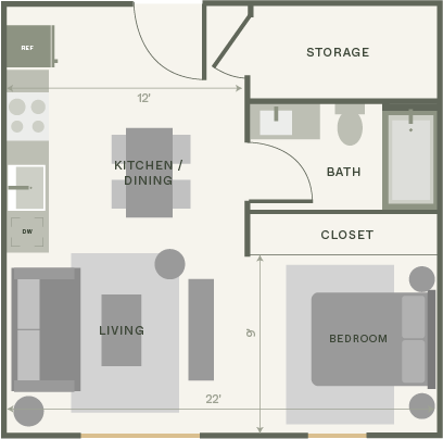 Studio apartment floorplan with open living, kitchen and dining, and a bedroom area