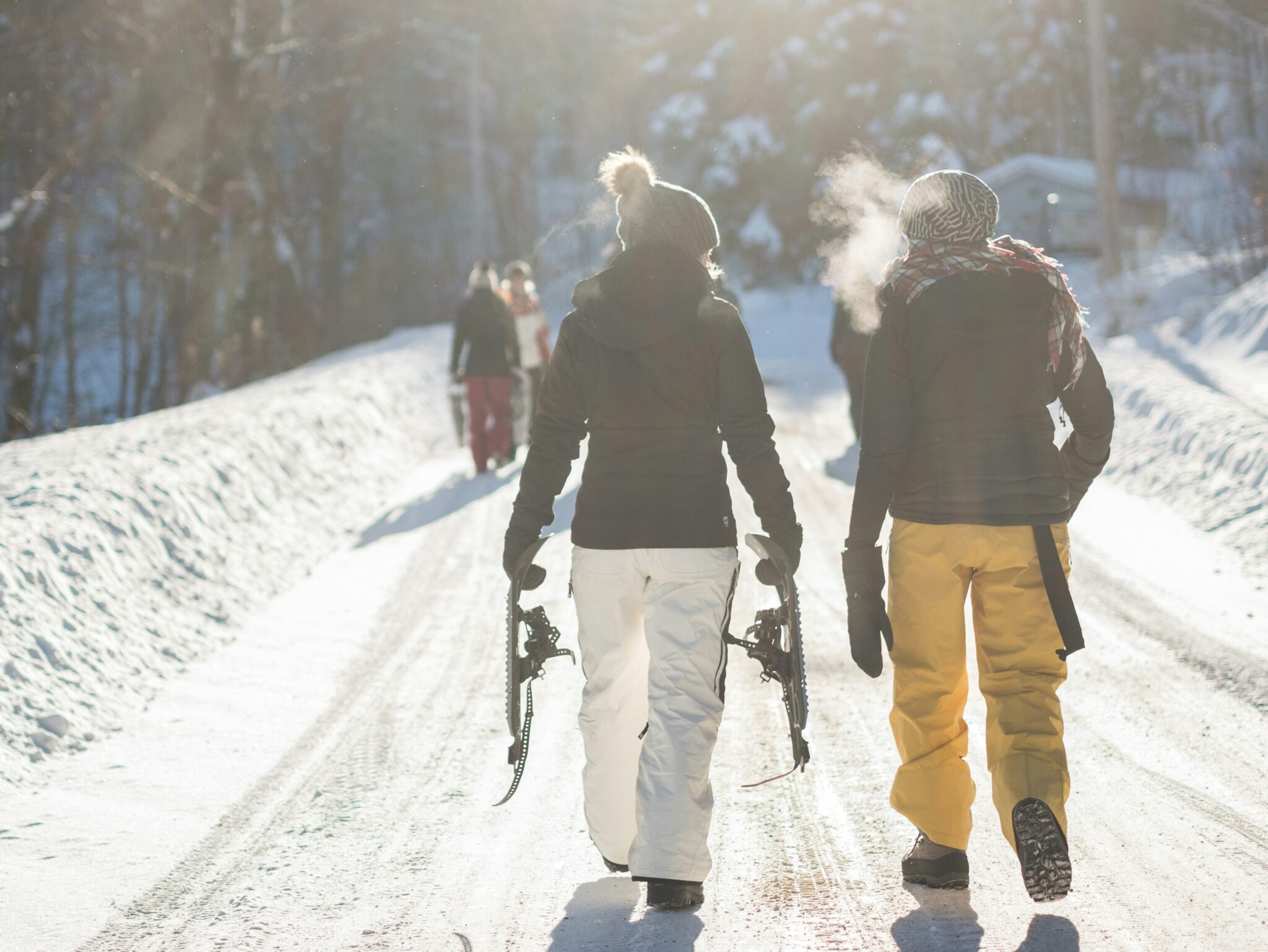 Two people carrying snowshoes along a snowy lane on a bright winter day
